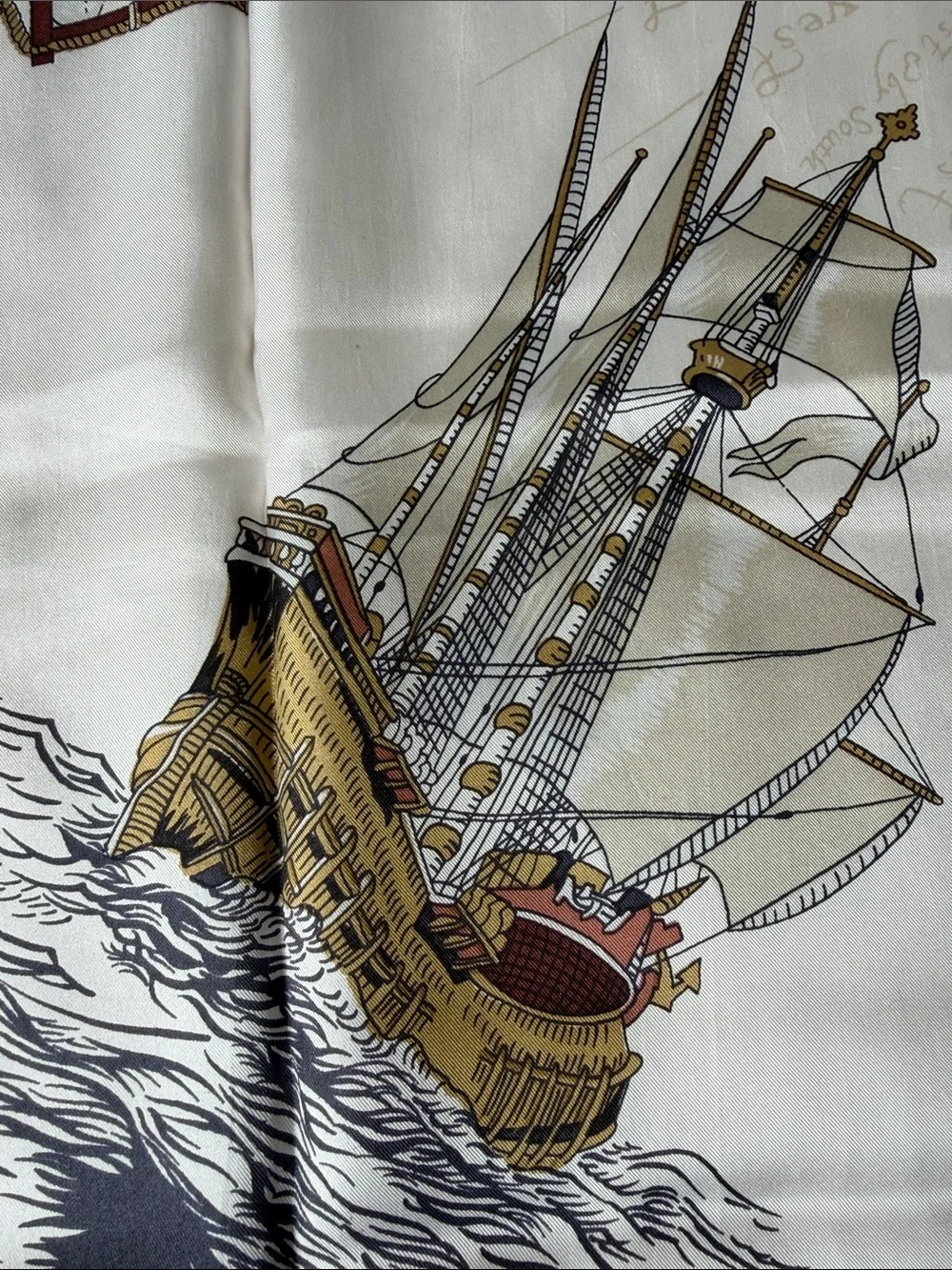 Classic Nautical Print Silk Scarf in Cream, Black and Brown